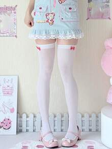 1双女士纯色可爱天鹅绒过膝袜，JK风格软萌少女风袜子，饰有可爱蝴蝶结，时尚显瘦过膝袜，舒适简约休闲日常穿着 - 彩色 - 查看 9