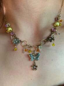 1pc Vintage Bohemian Style Butterfly & Flower Beaded Necklace, Multi-Color Metal Rhinestone Pendant Necklace, Suitable For Women's Daily, Party, Festival Wear, Holiday Gift, Jewelry Gift - Nhiều màu - Xem 7