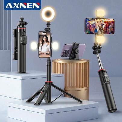 AXNEN Gậy selfie kiêm chân máy cầm tay 51 inch với đèn LED, xoay 360°, giá đỡ điện thoại có thể tháo rời, chân máy điện thoại đa chức năng có thể kéo dài với điều khiển chụp ảnh từ xa không dây, tương thích với điện thoại/máy ảnh/GoPro hệ điều hành iOS và Android.