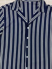 Men's Striped Textured Loose Short Sleeve Shirt, Suitable For Summer - Navy Blue - View 5
