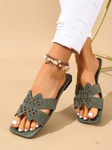 Ximi Ruo New Spring/Summer Fashion Casual Strap Slide Sandals, Comfortable Flat Heel Round Toe Beach Slippers, Versatile Slip-On Sandals For Women - Green - View 6
