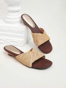 Retro Woven Patchwork Strap Wedge Sandals, Comfortable Beach Slippers For Women Summer - Apricot - View 8