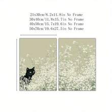 Juego de 2 Pósters Verticales de Arte de Pared Boho Minimalista: Gato y Pradera de Flores en Verde Salvia - Pinturas en Spray para Dormitorio, Decoración Moderna Campestre - Impresiones de Gato en Campo de Flores - Sin marco - Ver 2