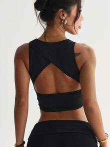 Women's Solid Color Removable Padded Round Neck Backless Sports Knit Bra - Black - View 2