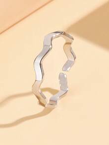 1pc Minimalist Wave-Shaped Open Stainless Steel Ring, Adjustable Smooth Finish 18K Gold Plated Accessory, Suitable For Daily Wear - Silver - View 15