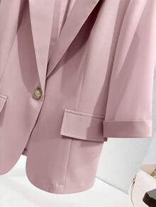 Women's Spring/Summer Solid Color Chiffon Patchwork Cooling Single-Button 3/4 Sleeve Office Blazer Pink - Pink - View 5