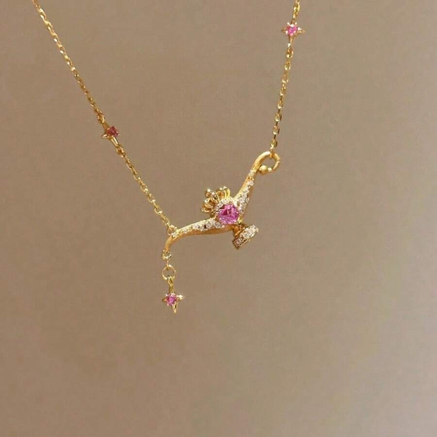 1pc Lamp Necklace For Women, Luxury Sparkling Pink Crystal Pendant Clavicle Chain, Birthday Gift - Gold - View 1