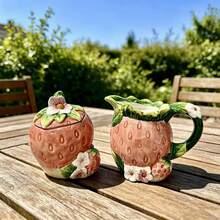 Juego de Azucarero y Jarra de Crema Rosa con Fresa, Azucarero y Jarra de Crema de Cerámica Lindos con Patrón Floral, Decoración de Cocina Estilo Campestre - Rosa coral - Ver 2
