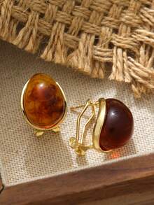 6-1对优雅复古U形耳环，金色饰面，树脂镶嵌——时尚日常配饰，女士完美礼物 - 彩色 - 查看 9