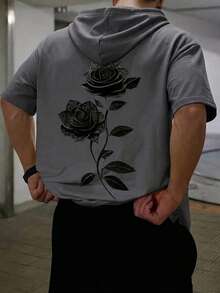 Áo thun ngắn tay có mũ kiểu hiphop mùa hè 2 trong 1, in họa tiết graffiti hoa hồng Gothic, áo chui đầu thời trang đường phố có dây rút. - Màu xám đen - Xem 8