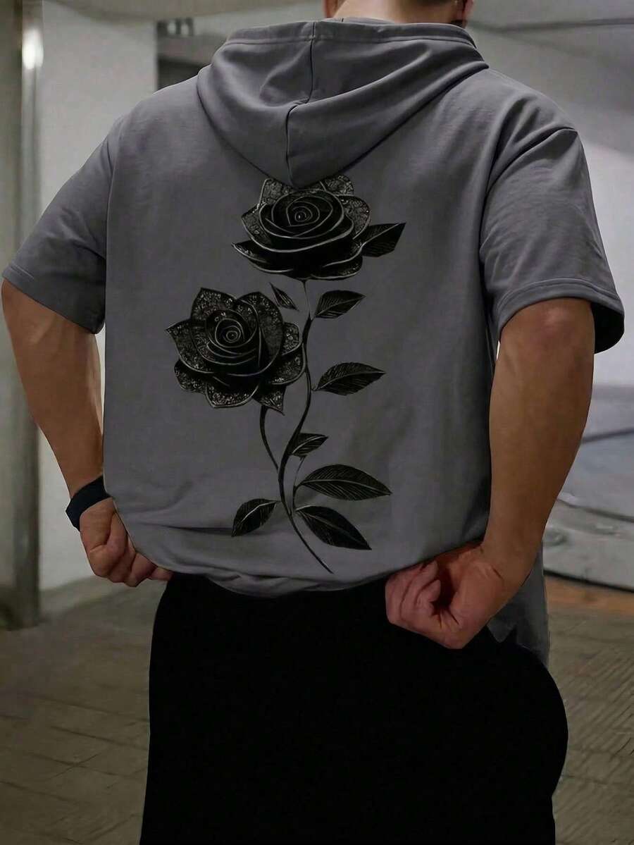 夏季嘻哈风二合一短袖连帽T恤，哥特玫瑰涂鸦印花，街头时尚套头衫，带抽绳 - 深灰色 - 查看 1