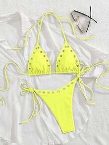 Women's New Solid Color Metal Eyelet Halter Neck Bikini Set Vacation Beach Summer - Yinghuang - View 1