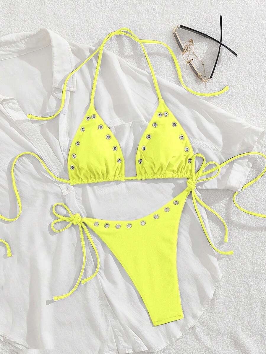 Women's New Solid Color Metal Eyelet Halter Neck Bikini Set Vacation Beach Summer - Yinghuang - View 1