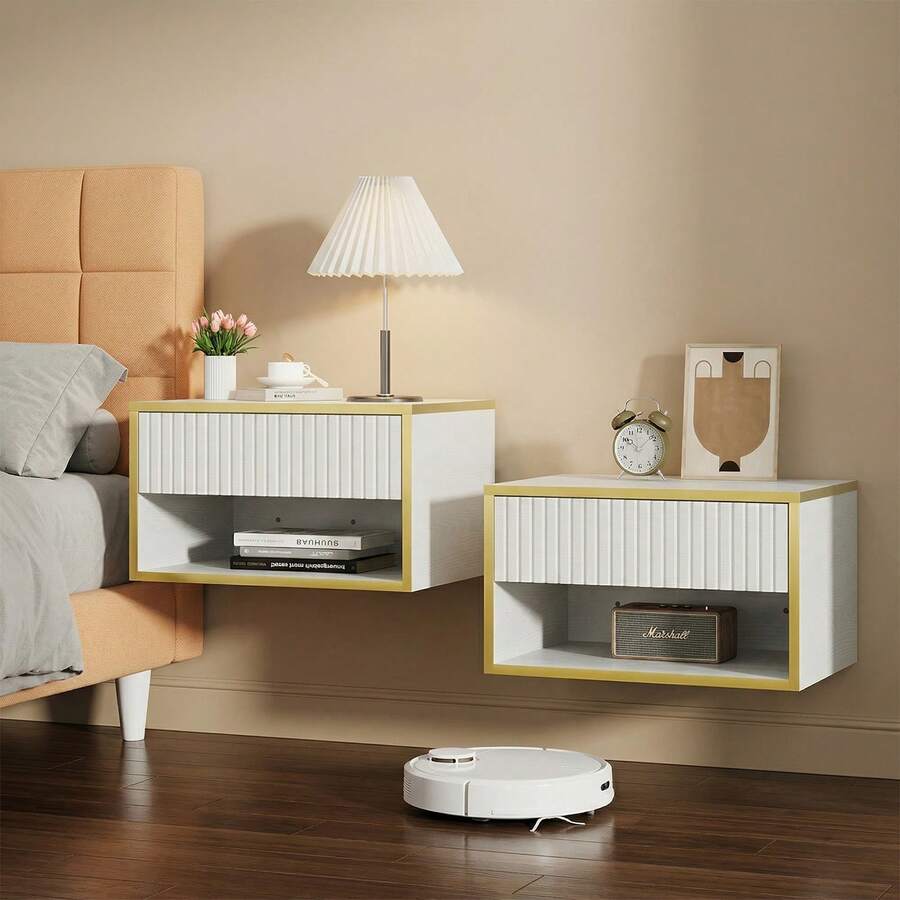 Gold Nightstand Set Of 2, Modern Bedside Table With Drawers And Open Shelf, Floating Design, Small Side Table For Bedroom, Black/ White - White - View 1