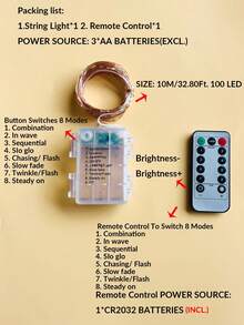 1入 10M 100 LED 仙女串燈，8種照明模式，遙控器與定時器，電池供電防水串燈，適用於居家裝飾、戶外花園、臥室、宿舍DIY、房間牆面裝飾、日裝飾 - 銅色線 - 查看 12