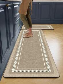 1pc Silica Gel Kitchen Mat, Simple Framed Design With Woven Texture, Beige Main Body With Vintage Decorative Borders In Off-White And Light Brown, Minimalist And Elegant Sabi-Sabi Style - Multicolor - View 1