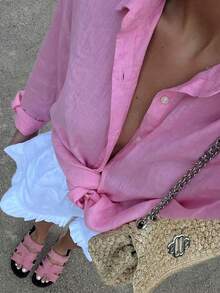 Blusa de lino rosa verano Look Polly, blusa holgada de manga larga con un solo botonadura, top versátil casual para playa y vacaciones de primavera - Rosa - Ver 3