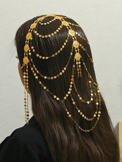 1pc Gold-Plated Kurdish Bridal Headchain, Luxury Arabic Coin Carved Bridal Headpiece With Tassel Decor, Women Wedding Jewelry Accessory
