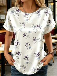 Women's Floral Print Casual Crew Neck Short Sleeve Top, Versatile For Daily Wear Vacation Summer - Apricot - View 4