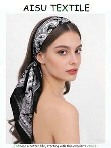 1pc 90CM Paisley Printed Ladies Bandana Simulated Silk Headband Women Bandana Top,Large Size Square Scarf,Hair Band,Head Band Ideal For Dressing Up Your Look - màu đen - Xem 3