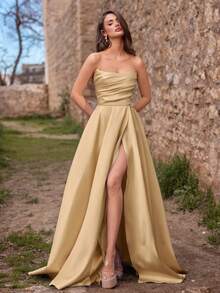 Faeriesty Vestido de noche elegante de mujer con fruncido y abertura alta - Vestido formal de primavera/verano, adecuado para bodas, galas, alfombras rojas, fiestas, invitados de boda, fiesta de vacaciones de verano - Champán - Ver 2