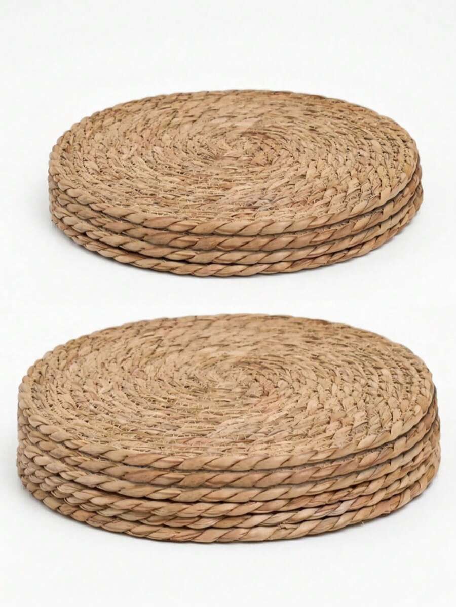 4/6pcs Round Woven Placemats, These Placemats Are Woven, Washable And Non-Slip. They Feature A Retro-Style Checkered Pattern. The Vintage Rattan Placemats Are Perfect For Home And Wedding Decor. - Cattail - View 1