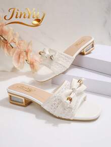 Women's White Lace Bow Slide Sandals, Square Toe Chunky Heel 3cm, Casual Slip-On Slippers For Summer, Vacation, Commute - White - View 7