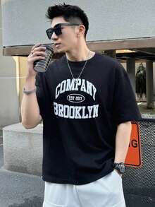 Camiseta de hombro caído con gráficos de letras, de verano - Negro - Ver 8