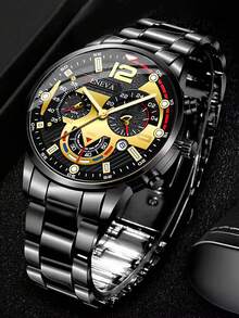 1pc/4pcs Set Business Men's Quartz Watch With Alloy Strap, Button Battery, Calendar, Quartz Watch, Pen, Wallet, Keychain, Best Gift For Father, Boyfriend (No Box) - Black - View 13