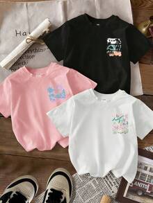 Bộ 3 áo thun ngắn tay cổ tròn in họa tiết ngộ nghĩnh dành cho bé gái, thích hợp mặc mùa hè. - Hồng - Xem 5