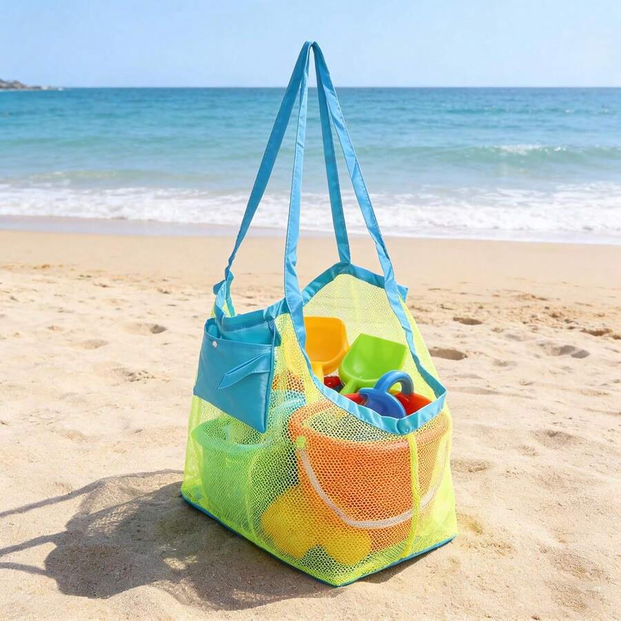 Large Capacity Sand Digging Tool Storage Bag, Large Mesh Design For Quick Drainage And Sand Cleaning, Beach Camping Bag, Multifunctional, Lightweight And Foldable, Ideal For Beach Travel And Vacation, Personalized Shell Beach Bag | Mesh Drawstring Storage Bag, Swimming Gear Tote, Breathable Beach Toy Bag, Essential For Summer Beach Vacation, Travel Storage, Travel Bag - Blue-edged Green Net - View 1