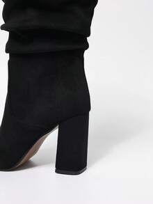 Black Pleated Peep Toe Mid-Calf Boots, High Heels, Round Toe, Versatile Elegant European And American Style, Breathable For Office, Commute, Daily Wear, Spring/Summer - Black - View 6
