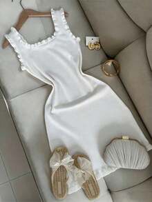 2026 Spring/Summer New White Knit Dress, Suitable For Summer Vacation Wear, Women's Dress, Women's Vacation Clothing, White Sleeveless Fitted Knit Dress, Square Neckline Design, Ruffle Trim Decorated With Pearls, Solid Color Fitted Short Dress, Ideal For Cocktail Parties, Dinner Dates, Summer Vacation - 白色 - 查看 5