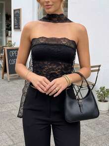 女士黑色无肩带抹胸上衣，撞色蕾丝设计，露背透视，常规下摆吊带衫，休闲款 - 黑色 - 查看 4