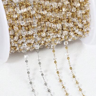 1m Fashionable Stainless Steel Square Bead Chain, Gold & Steel Color Glass Beaded Chain Suitable For DIY Bracelet, Necklace, Sweater Chain Jewelry Making