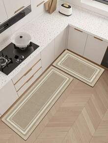 1pc Silica Gel Kitchen Mat, Simple Framed Design With Woven Texture, Beige Main Body With Vintage Decorative Borders In Off-White And Light Brown, Minimalist And Elegant Sabi-Sabi Style - Multicolor - View 2