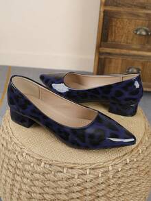 XBYASDF 2026 New Women's Blue Leopard Print Pointed Toe Chunky Heel Pumps, Glossy Low Vamp Slip-On 3cm High Heels, Versatile For Commute And Date - Dark Blue - View 7
