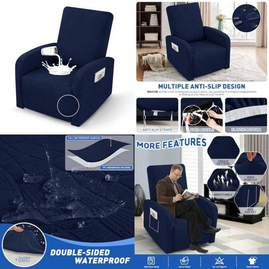 MAXIJIN - Fundas impermeables para s s pequeñas de 3 piezas que se mantienen en su lugar fundas Lazy Boy con bolsillos protector para mascotas pequeño - Azul marino - Ver 1