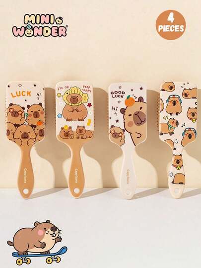 4pcs/1pc Girl Cute Style Kapibala Printed Airbag Comb Set, Cute Cartoon Printed Square Air Cushion Comb, Female Student Dormitory Hairdressing Comb, Suitable For Daily And Travel Hair Care, Ideal As A Gift For Girls