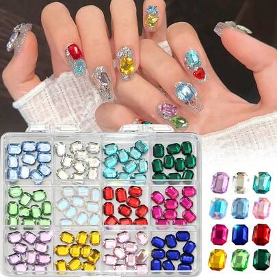 120Pcs-12Grid Mixed Summer Colorful Rectangle Nail Art Rhinestone Ice-Transparent Shinying Nail Glass 3D Pink/Clear/Red/Green Manicure Crystal 10x10mm