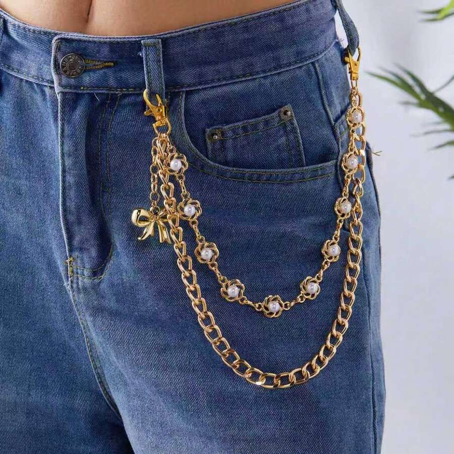 1 Mặt dây chuyền nơ kiểu Hipster, đính ngọc trai giả, phụ kiện hai lớp, đa năng dành cho giới trẻ sành điệu. - Vàng - Xem 1