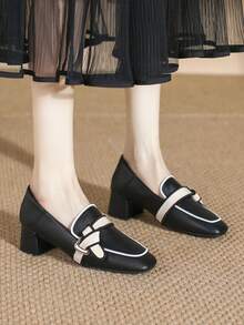 Women's Square Toe Loafers, Chunky Heel 2026 Spring/Summer New Retro Bow Versatile British Style Soft Bottom High Heel Pumps - Black - View 3