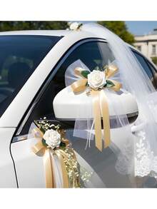4件/1件裝婚禮車飾套裝－白色人造花束附緞帶蝴蝶結，婚禮拱門配件，適用於婚禮派對車門把手與後視鏡裝飾，多用途緞帶，適合戶外草地婚禮車座椅靠背 - 多色 - 查看 11