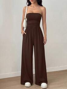 Women Summer Strapless Tube Top Ruched Wide Leg Pants Jumpsuit Casual Spring Holiday Beach Vacation Airport Sleeveless Rompers Outfits - Brown - View 5