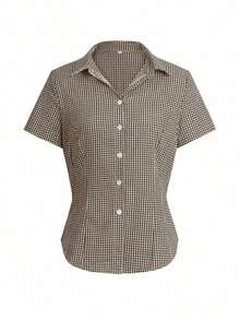 Sunny Girly Y2K Back To School Season Cotton Fitted Collared Short Sleeve Shirt, Button Closure, Blue Plaid Academic Style Top Summer - Cà phê nâu - Xem 3