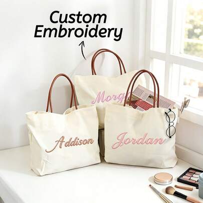 Customized Canvas Tote Bag, Bridesmaid Gift, Embroidered Canvas Tote Bag, Customized Text Tote Bag