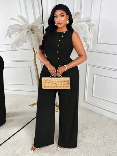 AIJ Bộ đồ Amarilo Elegant Plus Size màu đen dệt kim gân không tay có cổ kết hợp với quần ống rộng co giãn vừa phải, một bộ trang phục đa năng cho mọi dịp mùa hè.