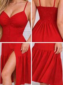 Vestido midi feminino elegante vermelho com alças finas, detalhe de babados e fechamento frontal com botões, perfeito para festas ou ocasiões casuais. - Vermelho - Visão 5