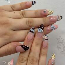 Set Of 24 Acrylic Press-On Nails Featuring Candy-Colored Striped Patterns, Openwork Pentagonal Hearts, And Rounded Silver Steel Beads-These Soothing False Nails Are Perfect For Dates, Outings, And Various Other Occasions. - Multicolor - View 7