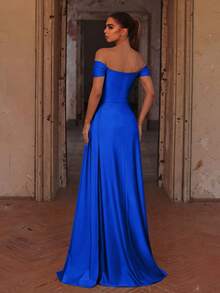 Faeriesty Vestido de noche elegante de satén con hombros descubiertos, bajo con abertura alta | Perfecto para dama de honor, cena formal, boda de lujo, evento de gala o alfombra roja | Vestido de dama de honor, atuendo de vacaciones de verano - azul real - Ver 3